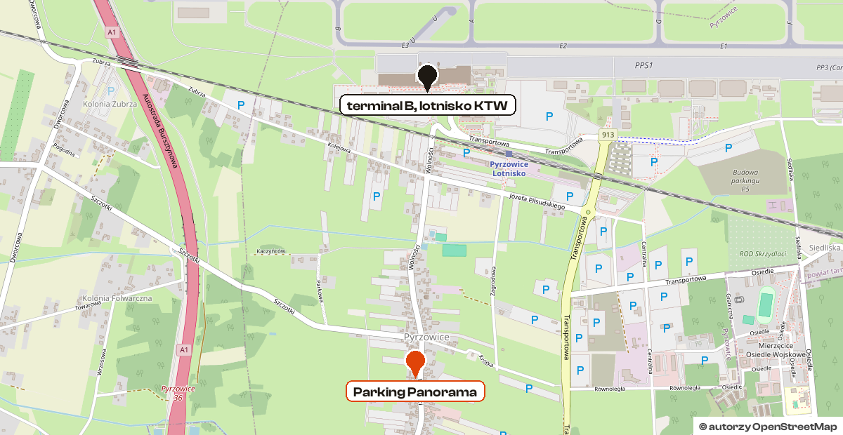Map: Parking Panorama at Wolności 39 in Pyrzowice and Terminal B of Katowice Airport, about 1.5 km to the north